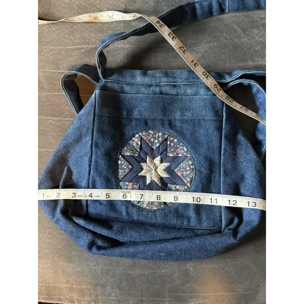 Handmade Denim Crossbody Shoulder Purse Folded Star Patchwork Floral Calico OOAK